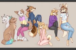  2022 anthro barefoot blonde_hair breasts brown_body brown_fur brown_hair canid canine canis clothed clothing cotton_(yshanii) domestic_dog feet female feral floppy_ears fully_clothed fur group hair hi_res mammal midriff sitting smile white_body white_fur wolf yshanii 