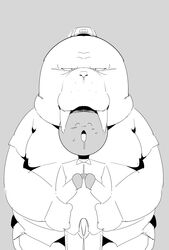  2021 anthro belly big_belly bodily_fluids bottomwear clothing drooling duo grey_background hat headgear headwear hi_res hiroshi_odokawa_(odd_taxi) hug hugging_another hugging_from_behind kemono male mammal marine monochrome odd_taxi overweight overweight_male pants pinniped saliva shirt sigenoya simple_background takotyutyu topwear walrus 