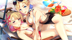  2girls armpits azur_lane bad_id bad_pixiv_id ball barefoot beach beachball bikini blonde_hair blue_eyes blush braid breasts chair choker cleavage collarbone commentary_request crown_braid cup drink drinking_glass drinking_straw earrings eyewear_on_head flower french_braid hair_ornament hand_on_another&#039;s_arm hibiscus hood_(azur_lane) hood_(lady_of_the_shining_sun)_(azur_lane) jewelry large_breasts long_hair looking_at_viewer multicolored_bikini multicolored_clothes multiple_girls o-ring official_alternate_costume open_mouth prince_of_wales_(azur_lane) prince_of_wales_(sun_shining_upon_windsor)_(azur_lane) red_eyes shiny_skin short_hair smile sunglasses swept_bangs swimsuit table tareme thighs umbrella youki_yt 