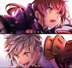  3boys absurdres addam_origo armor blue_eyes commentary female gloves highres long_hair looking_at_viewer lora_(xenoblade) multiple_boys parted_lips pauldrons red_hair shirohunter short_hair shoulder_armor simple_background smile white_hair xenoblade_chronicles_(series) xenoblade_chronicles_2 xenoblade_chronicles_2:_torna_-_the_golden_country yellow_eyes 