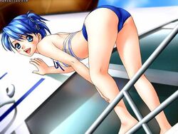  blue_eyes blue_hair boat casual_romance_club hair_clips houkago_ren-ai_club looking_at_viewer looking_over_shoulder mizugi 