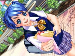  blue_eyes blue_hair casual_romance_club crepe dessert hair_clips houkago_ren-ai_club mid-season_school_uniform pink_napkin plaid_skirt school_bag school_uniform strawberries sweater_vest 