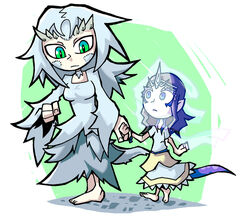  2girls blue_eyes company_captain_yorshka dark_souls dark_souls_iii dragon_tail dress green_eyes hand_holding horns multiple_girls priscilla_the_crossbreed setz tail tiara white_hair 