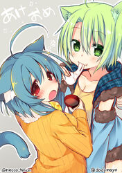  2girls akeome animal_ears blue_hair blush cat_ears cat_tail collaboration commentary_request dodome-iro_mayonnaise green_eyes green_hair happy_new_year multiple_girls necco_(tefun) new_year open_mouth orange_shirt original red_eyes ribbed_sweater sharon_(dodomayo) shirt short_hair sweater tail tefun_(tehun) twitter_username 