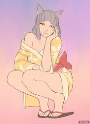  5_fingers 5_toes animal_ears bangs ear_tufts eyeliner facial_markings flip_flops gray_hair hand_on_face hand_on_own_face japanese_clothes kalruna kimono looking_at_viewer nia nia_(xenoblade) red_obi sandals slit_pupils squatting tagme xenoblade_(series) xenoblade_chronicles_2 yellow_eyes yellow_kimono zouri 