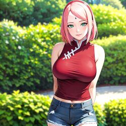  1girls ai_generated big_breasts bob_cut boruto:_naruto_next_generations female female_only forehead_mark green_eyes human large_breasts naruto naruto_(series) pink_hair sakura_haruno seaart.ai solo 