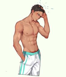  1boy abs black_hair black_pubes brown_hair clothed clothed_male dark_hair fit fit_male haikyuu!! hand_in_pocket hand_on_head happy_trail hazel_eyes iwaizumi_hajime male male_only muscular muscular_male nipples pecs red_underwear short_hair solo solo_male tan_skin treasure_trail vein visible_veins white_teal_sweatpants 