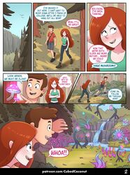  1boy 1boy1girl 1girls aged_up background blush brown_hair color comic comic_page confession cubedcoconut dialogue dipper_pines disney disney_channel english english_text exposed_belly female forest forest_background freckles gravity_falls infatuation jean_shorts jeans large_breasts long_hair magic magic_mushrooms mushroom orange_hair outdoor outdoors outside page_2 page_number patreon plant red_hair shorts smooth_skin speech_bubble tall_female tank_top text topwear trees url wendy_corduroy wide_hips 