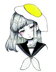  bangs blunt_bangs blush commentary crisalys egg eyeshadow food food_on_head head_tilt highres long_hair looking_at_viewer makeup marker_(medium) object_on_head original pale_skin portrait sailor_collar school_uniform serafuku simple_background solo spot_color sunny_side_up_egg traditional_media white_background 