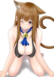  asobi_ni_iku_yo! barefoot bell breasts brown_eyes brown_hair cat_tail cleavage collar commentary_request eris_(asobi_ni_iku_yo!) female hanging_breasts large_breasts looking_at_viewer muffin_(sirumeria) neck_bell one_eye_closed photoshop_(medium) simple_background solo tail white_background 