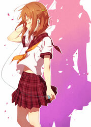  bow brown_hair closed_mouth commentary_request digital_media_player earphones female floating_hair from_side green_bow hairbow ipod ipod_nano kinta_(distortion) light_smile midriff_peek neckerchief orange_neckerchief original plaid plaid_skirt pleated_skirt red_skirt school_uniform serafuku short_sleeves silhouette simple_background skirt smile solo standing white_background wind wind_lift 