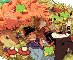  1boy autumn_leaves baseball_cap berry_(pokemon) bluk_berry brown_hair chikafuji closed_eyes commentary_request copyright_name dated eyelashes female flower foongus grass hat hilbert_(pokemon) hilda_(pokemon) holding holding_flower leppa_berry long_hair long_sleeves lying natu on_back open_mouth pants pokemon pokemon_(creature) pokemon_bw razz_berry sawsbuck sawsbuck_(autumn) sidelocks yellow_eyes 