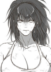  bare_shoulders breasts bruise bruise_on_face cleavage closed_mouth collarbone commentary_request earrings female hair_between_eyes injury jewelry large_breasts leona_heidern looking_at_viewer monochrome orochi_leona ponytail sleeveless solo the_king_of_fighters the_king_of_fighters_xv triangle_earrings white_background yasunososaku 