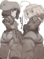  2girls ahoge animal_hat ass belt_pouch breasts bullpup collagen crossover from_behind gun harness hat highres llenn_(sao) long_hair looking_at_viewer looking_back military military_hat military_uniform multiple_girls p-chan_(p90) p90 pouch rabbit_hat rifle short_hair small_breasts standing submachine_gun sword_art_online sword_art_online_alternative:_gun_gale_online tanya_degurechaff uniform weapon youjo_senki 