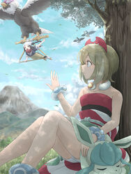  2girls against_tree akari_(pokemon) anklet blonde_hair closed_mouth cloud collar collarbone commentary day galaxy_expedition_team_survey_corps_uniform glaceon grass hand_up hang_gliding highres hisuian_braviary irida_(pokemon) itsudzumi jewelry leaf multiple_girls neck_ring outdoors pokemon pokemon_(creature) pokemon_legends:_arceus red_shirt sash shirt shorts sitting sky starly strapless strapless_shirt tree waving white_shorts 