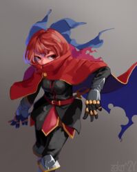  absurdres alternate_costume belt black_pants blue_bow bow cape commentary female gauntlets gradient_background hairbow highres pants red_belt red_eyes red_hair sekibanki short_hair signature solo torn_cape torn_clothes touhou zakozako_y 