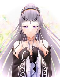  bare_shoulders black_dress black_gloves breasts cleavage collarbone commentary_request detached_sleeves dlllll_lllllb dress earrings eir_(fire_emblem) female fire_emblem fire_emblem_heroes gloves grey_hair highres jewelry long_hair long_sleeves looking_at_viewer partial_commentary purple_eyes smile solo strapless strapless_dress upper_body very_long_hair wide_sleeves 