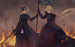  2girls absurdres ahoge armor armored_dress artoria_pendragon_(fate) axe black_armor black_legwear blonde_hair braid breastplate dress embers excalibur_morgan_(fate) fate/grand_order fate/stay_night fate_(series) fire flag gauntlets highres holding holding_flag holding_sword holding_weapon jeanne_d&#039;arc_alter_(avenger)_(fate) jeanne_d&#039;arc_alter_(fate) multiple_girls ne.corn outdoors parted_lips pauldrons planted planted_axe planted_sword saber_alter scabbard sheath short_hair shoulder_armor smile smoke sword teeth unsheathed upper_teeth_only vambraces weapon yellow_eyes 