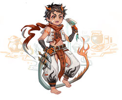  1boy absurdres arknights barefoot brown_hair dark-skinned_male dark_skin full_body gloves hands_on_own_hips highres holding holding_weapon horns knife looking_at_viewer male_focus midriff_peek multicolored_hair navel original short_hair solo teeth weapon whinghope yellow_eyes 