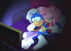  2020 aliasing amy_rose anthro bed blue_body blue_fur bodily_fluids bracelet closed_eyes clothing crying digital_media_(artwork) duo electronics eulipotyphlan female footwear fur furniture gloves green_eyes handwear hedgehog hi_res hug jewelry lying male male/female mammal pillow pink_body pink_fur sad sanicbaddie sega socks sonic_the_hedgehog sonic_the_hedgehog_(series) tears television watching_movie watermark 