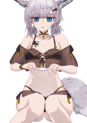  absurdres animal_ears aquarius_cat arknights bandaid bare_shoulders bikini black_bikini blue_eyes breasts cleavage feet_out_of_frame female fox_ears fox_tail grey_hair highres holding holding_bandaid looking_at_viewer material_growth navel off-shoulder_bikini off_shoulder official_alternate_costume oripathy_lesion_(arknights) parted_lips short_hair short_sleeves simple_background sitting small_breasts smile solo stomach sussurro_(arknights) sussurro_(summer_flower)_(arknights) swimsuit tail white_background 