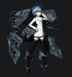  absurdres ahoge battlecruiser_(eve_online) black_panties black_thighhighs blue_eyes blue_hair buttons caldari_navy_(eve_online) caldari_state_(eve_online) camouflage clothing_cutout coat collarbone combat_ship_(eve_online) digital_camouflage drake_(eve_online) eve_online female full_body grey_background gun hand_on_own_head hand_on_own_hip highres long_legs long_sleeves mcrc_science mecha_musume microskirt missile missile_pod navy_faction_(eve_online) oerba_yun_fang open_mouth panties personification photoshop_(medium) short_hair side_cutout signature simple_background skirt sleeve_cuffs smile solo standing star_(symbol) thighhighs turret underwear weapon white_coat 