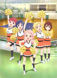  5girls :d absurdres ahoge anima_yell! arima_hizume arm_up bare_arms black_hair black_legwear blonde_hair blue_eyes blunt_bangs bow brown_eyes brown_hair cheerleader closed_mouth from_above gym hair_between_eyes hair_bun hair_ornament hairbow hairclip hands_on_own_hips hatoya_kohane highres holding holding_pom_poms indoors key_visual kneehighs leg_up legs_apart long_hair multiple_girls official_art open_mouth orange_skirt parted_bangs pigeon-toed pink_hair pleated_skirt pom_pom_(cheerleading) ponytail promotional_art red_eyes red_hair sawatari_uki shirt shoes short_hair sidelocks single_hair_bun skirt sleeveless sleeveless_shirt smile sneakers socks standing standing_on_one_leg striped striped_bow tatejima_kotetsu ushiku_kana yellow_eyes 