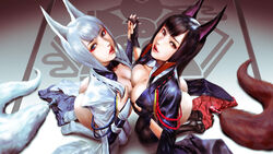  2girls akagi_(azur_lane) anal_tail animal_ears ass azazel azur_lane black_hair blue_eyes blue_nails breast_press breasts bridal_gauntlets butt_plug commentary fake_tail from_above gloves hair_tubes highres japanese_clothes kaga_(azur_lane) kneeling lips looking_at_viewer looking_up makeup medium_hair miniskirt multiple_girls nail_polish photoshop_(medium) pleated_skirt red_eyes red_nails sakura_empire_(emblem) sex_toy short_hair skirt smile symmetrical_docking symmetrical_hand_pose tail thighhighs thong white_hair wide_sleeves 