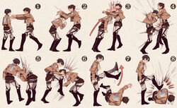  2boys bad_id bad_pixiv_id bangoul boots brown_hair derivative_work emblem emphasis_lines eren_yeager headbutt how_to iza!_to_iu_toki_no_goshinjutsu jacket kicking knee_to_face kneeing levi_(shingeki_no_kyojin) male_focus motion_lines multiple_boys numbered paradis_military_uniform parody photoshop_(medium) shingeki_no_kyojin 