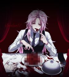  1boy black_necktie black_vest blood censored collared_shirt colored_eyelashes fork haebu hatsutori_hajime holding holding_fork implied_cannibalism long_hair long_sleeves male_focus mosaic_censoring necktie open_mouth parted_bangs pink_hair plate red_eyes saibou_shinkyoku serving_dome shirt solo stage_curtains upper_body vest white_petals white_shirt 