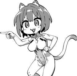  :3 admiral_nakhimov_(azur_lane) animal_ears azur_lane azur_lane:_slow_ahead bodysuit cat_ears cat_tail chibi covered_navel fake_animal_ears fake_tail female genba_neko_(meme) greyscale hand_up hori_(hori_no_su) impossible_bodysuit impossible_clothes knee_up meme monochrome official_art pointing pointing_to_the_side short_hair simple_background solo tail white_background white_bodysuit 