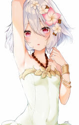  arm_up armpits artist_name bangle blush bracelet breasts covered_navel dress female flower green_dress grey_hair hair_between_eyes hair_flower hair_ornament halter_dress halterneck highres jewelry kokkoro_(princess_connect!) looking_at_viewer parted_lips presenting_armpit princess_connect! red_eyes short_dress short_hair simple_background skin_tight small_breasts snozaki solo upper_body white_background 