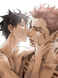  2boys black_hair chest_tattoo collarbone couple extra_eyes facial_tattoo fushiguro_megumi green_eyes hand_on_another&#039;s_face highres implied_nudity jujutsu_kaisen kissing kissing_nose looking_at_another male_focus mixed-language_commentary multiple_boys muscular muscular_male parted_lips pectorals pink_hair red_eyes ryoumen_sukuna_(jujutsu_kaisen) short_hair size_difference spiked_hair tattoo woshihedawei yaoi 