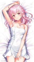  armpits blush breasts closed_mouth female fujima_takuya hair_between_eyes highspeed_etoile long_hair looking_at_viewer medium_breasts pink_eyes pink_hair rindo_rin simple_background smile solo towel 