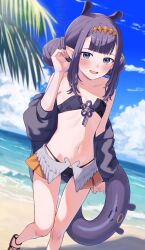  bare_legs bare_shoulders bare_thighs beach bikini blue_eyes blush breasts cloud day female highres hololive hololive_english innertube knees long_hair looking_at_viewer mizuse_hazuki7 navel ninomae_ina&#039;nis ocean open_mouth outdoors purple_hair sidelocks sky small_breasts solo stomach swim_ring swimsuit thighs 