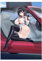  absurdres ass azur_lane black_hair boots breasts car dupleix_(azur_lane) dupleix_(final_check)_(azur_lane) female full_body glasses gloves hairband highleg highleg_leotard highres holding large_breasts leotard long_hair motor_vehicle official_alternate_costume purple_eyes race_queen race_vehicle short_sleeves sitting suo_bu_ye_feng thigh_boots thighs 