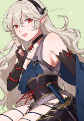  :d bare_shoulders black_choker black_gloves black_sash choker commentary_request corrin_(female)_(fire_emblem) corrin_(female)_(ninja)_(fire_emblem) corrin_(fire_emblem) elbow_gloves female fingerless_gloves fire_emblem fire_emblem_fates fire_emblem_heroes gloves green_background grey_hair grey_kimono highres japanese_clothes katana kimono long_hair looking_at_viewer ninja obi official_alternate_costume open_mouth peach11_01 pointy_ears red_eyes sash scabbard sheath sheathed sleeveless sleeveless_kimono smile solo sword very_long_hair weapon 