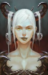  2016 8_horns armor artist_name baleful_(species) black_armor black_horn breasts bust_portrait chirun collarbone colored curled_horn digital_media_(artwork) digital_painting_(artwork) eyebrows eyelashes female front_view grey_background hair heroes_of_estaria horn horned_humanoid humanoid light lighting lips looking_at_viewer multi_horn portrait shaded silentcandle_games simple_background smile smiling_at_viewer solo spiked_armor spikes story story_in_description tan_body tan_skin teeth text url white_eyebrows white_eyelashes white_hair yellow_eyes yellow_lips 