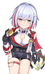  blue_eyes breasts bridal_gauntlets cleavage coin colored_inner_hair covered_navel female foreshortening from_above grey_hair highres holding holding_coin honkai:_star_rail honkai_(series) looking_at_viewer medium_hair multicolored_hair numby_(honkai:_star_rail) red_hair sitting smile thigh_strap topaz_(honkai:_star_rail) trotter_(honkai:_star_rail) undersized_clothes uuc_(yuyudanngo) 