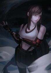  adjusting_clothes adjusting_gloves bare_shoulders black_gloves black_hair black_skirt black_thighhighs breasts brown_hair closed_mouth cowboy_shot crop_top dust_cloud earrings elbow_gloves english_commentary female final_fantasy final_fantasy_vii final_fantasy_vii_rebirth final_fantasy_vii_remake fingerless_gloves gloves highres jewelry kazeya lips long_hair looking_to_the_side low-tied_long_hair materia medium_breasts midriff navel red_eyes single_arm_guard single_earring single_sidelock skirt solo suspender_skirt suspenders tank_top thighhighs tifa_lockhart very_long_hair white_tank_top zettai_ryouiki 