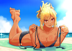  barefoot beach bikini black_bikini blonde_hair blue_sky breasts cleavage cloud cloudy_sky collarbone commentary_request dark_skin day demon_girl demon_horns feet fingernails green_towel gyaru highres horns large_breasts lens_flare long_bangs long_fingernails lying messy_hair neko_040 ocean oerba_yun_fang on_stomach orange_eyes original pointy_ears sand shiny_skin sky soles swimsuit tan the_pose tongue tongue_out two-tone_eyes undressing untying yellow_eyes 