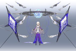  absurdres ankle_cuffs ballet_boots bare_shoulders blonde_hair borrowed_character breasts cable center_opening chains collar commission cuffs detached_sleeves female floating floating_object full_body gradient_background hair_over_one_eye highres long_hair looking_at_viewer mecha_musume mytea_(soso) navel orb original purple_eyes shackles skeb_commission small_breasts solo standing straight-on thighhighs very_long_hair 