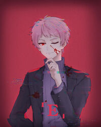  1boy ;) absurdres atou_haruki black_jacket blood blood_on_clothes blood_on_face closed_mouth commentary film_grain finger_to_own_chin glitch highres jacket long_sleeves male_focus one_eye_closed open_clothes open_jacket purple_sweater red_background ribbed_sweater saibou_shinkyoku smile solo sweater turtleneck turtleneck_sweater yaseki 