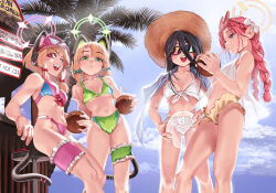  4girls absurdres animal_ears aris_(blue_archive) ball bar_stool beach beachball bikini blue_archive breasts chair chtv coconut coconut_tree day drinking fake_animal_ears fake_tail game_development_department_(blue_archive) green_bikini halo hat highres midori_(blue_archive) momoi_(blue_archive) multiple_girls navel outdoors palm_tree siblings sky stool sun_hat sunglasses swimsuit tail tree twins yuzu_(blue_archive) 