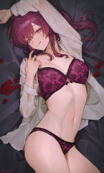  :q absurdres arm_up artist_name bad_source bed bra breasts collarbone commentary female gloves highres honkai:_star_rail honkai_(series) kafka_(honkai:_star_rail) large_breasts long_hair long_sleeves looking_at_viewer lying navel no_eyewear on_back on_bed open_clothes open_shirt paid_reward_available panties purple_bra purple_eyes purple_hair purple_panties shirt smile solo sooon stomach tongue tongue_out twitter_username underwear watermark white_shirt 