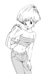  artist_name breasts carrying_bag cleavage denim dragon_ball dragon_ball_z earrings erasa_(dragon_ball) female fenyon greyscale halftone hand_on_own_leg highres jeans jewelry looking_to_the_side medium_breasts midriff monochrome navel pants parted_lips pixie_cut short_hair solo strapless striped_clothes tube_top watch wristwatch 