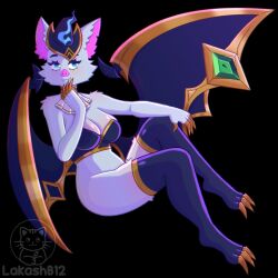  animal_humanoid anivia_(lol) anthro bat bat_humanoid bat_wings big_breasts blue_eyes breasts claws cleavage clothed clothing fangs female fur gem green_gem grey_body grey_fur hat headgear headwear humanoid lakashb12 league_of_legends legwear mammal mammal_humanoid membrane_(anatomy) membranous_wings pink_nose purple_clothing riot_games simple_background smile solo teeth tencent thigh_highs toe_claws topwear wings 