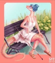  2024 absurd_res anthro bench blind blue_hair bottomwear clothing colubrid corn_snake digital_media_(artwork) digital_painting_(artwork) dirtypaperjoe disability dress female footwear hair hi_res lampropeltini pink_body rat_snake reptile sandals scalie shoes sitting skirt snake white_cane white_clothing white_dress 