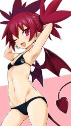  ;d armpits arms_behind_head arms_up bikini black_bikini breasts cleavage cowboy_shot demon_girl demon_tail disgaea earrings etna_(disgaea) female hair_between_eyes iwashi_dorobou_-r- jewelry long_hair makai_senki_disgaea navel oerba_yun_fang one_eye_closed open_mouth pointy_ears red_eyes red_hair red_tail red_wings sidelocks skull_earrings skull_print small_breasts smile solo spiked_hair stomach string_bikini swimsuit tail twintails wings 