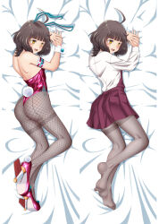  ahoge animal_ears ass blunt_bangs breasts brown_eyes brown_hair covered_navel dakimakura_(medium) detached_collar dress fake_animal_ears fake_tail female fishnet_pantyhose fishnets grey_pantyhose high_heels highleg highleg_leotard kantai_collection kishinami_(kancolle) leotard long_sleeves moke_ro no_pupils pantyhose playboy_bunny pleated_dress purple_dress purple_footwear purple_leotard rabbit_ears rabbit_tail school_uniform seamed_legwear shirt short_hair side-seamed_legwear small_breasts strapless strapless_leotard tail thighband_pantyhose wavy_hair white_shirt white_wrist_cuffs wrist_cuffs 